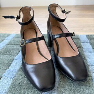 Used Madewell Nettie Black Leather Heeled Mary Janes